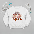 White crewneck sweatshirt featuring a sacred teepee and feather totem design with the quote “American History Begins with Native History.
