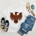 White tee with stylized Native eagle symbol in brown tones