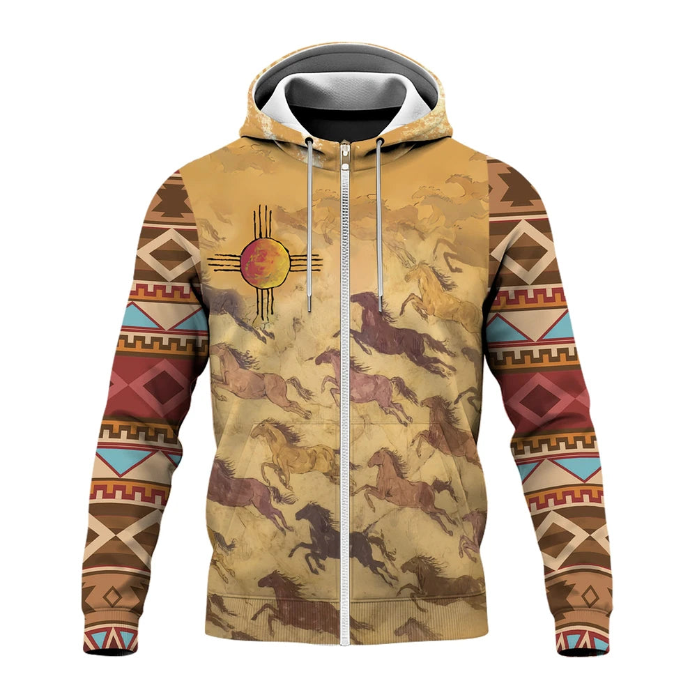 Close-up front view of fleece jacket showing galloping wild horse silhouettes on a tan field, with a colorful Zia sun emblem at chest and Southwestern geometric stripes on sleeves.