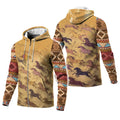 Styled composite showing full front and back views of the Southwestern hoodie: energetic wild horse illustrations, Zia sun emblem on front, and colorful tribal-patterned sleeves and hood lining.