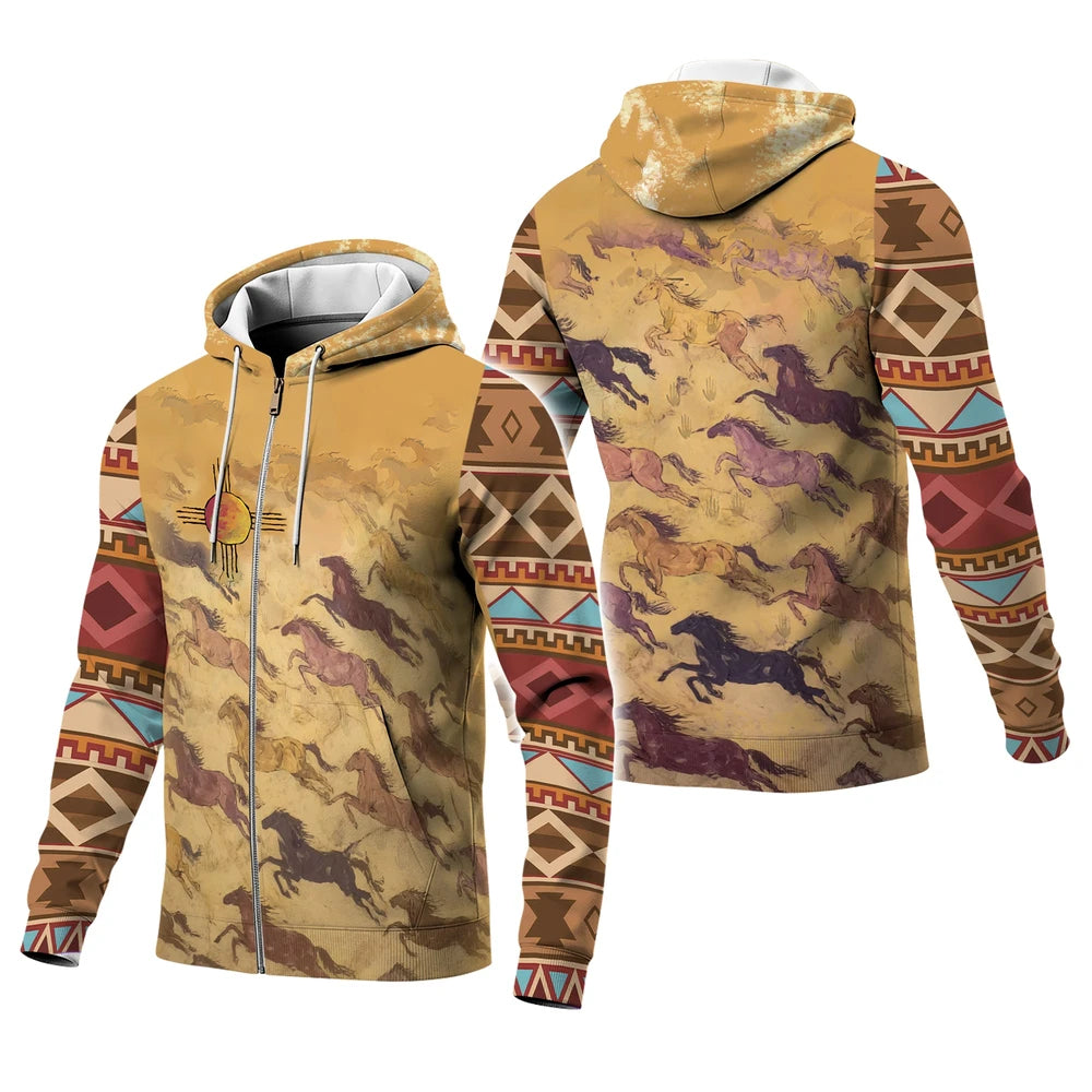 Styled composite showing full front and back views of the Southwestern hoodie: energetic wild horse illustrations, Zia sun emblem on front, and colorful tribal-patterned sleeves and hood lining.