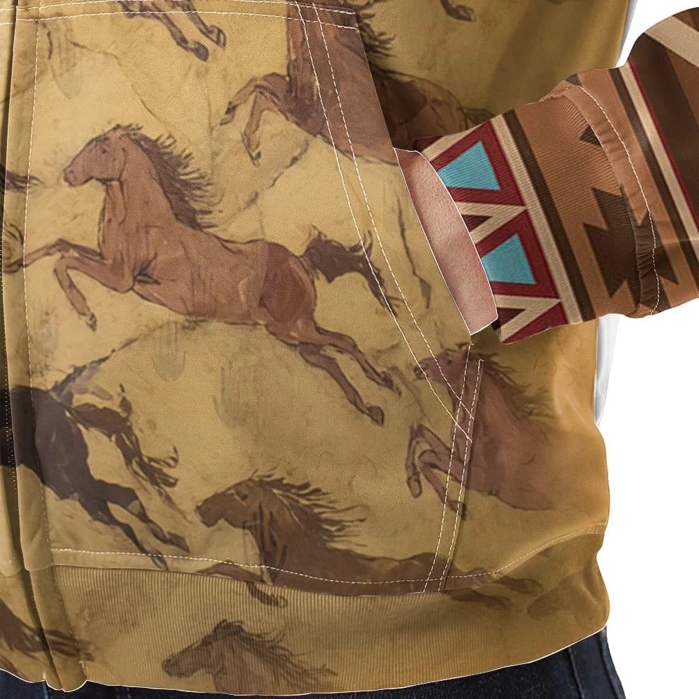 Close-up of jacket’s front kangaroo pocket area, highlighting detailed prints of running horses against a textured beige background and crisp stitching around pocket seams.