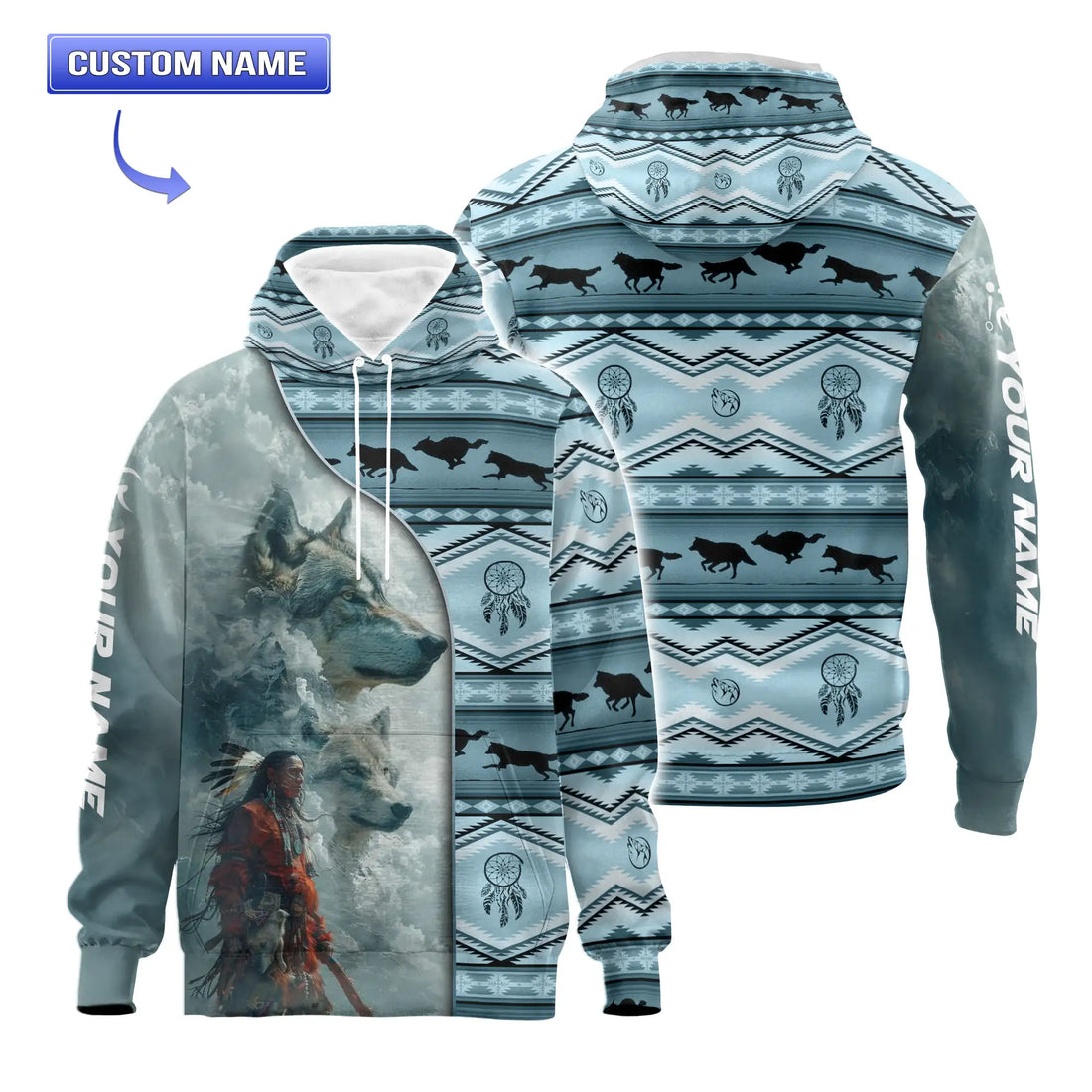 Female model standing in sunlight wearing a sky-blue hoodie split diagonally between a lifelike 3D wolf portrait and a Native warrior scene, the dreamcatcher and running-wolf pattern covering the opposite side and extending onto the sleeves and hood.