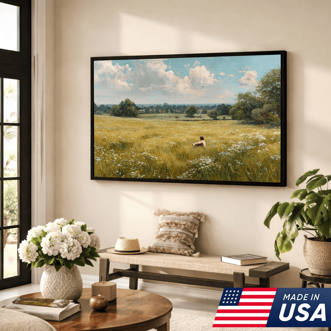 Quiet Solitude in Bloom Framed Canvas – Open Grassland Scene