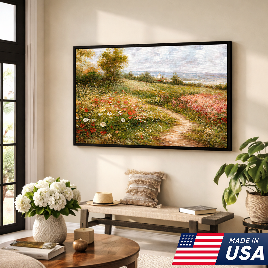 Country Path Floral Landscape Framed Canvas – Quiet Countryside Scene