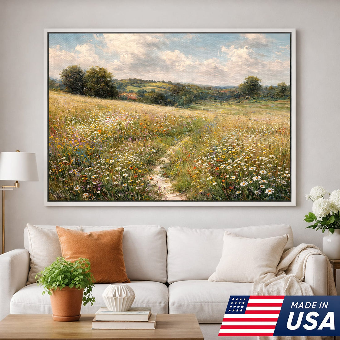 Open Field Floral Path Framed Canvas – Quiet Horizon Landscape