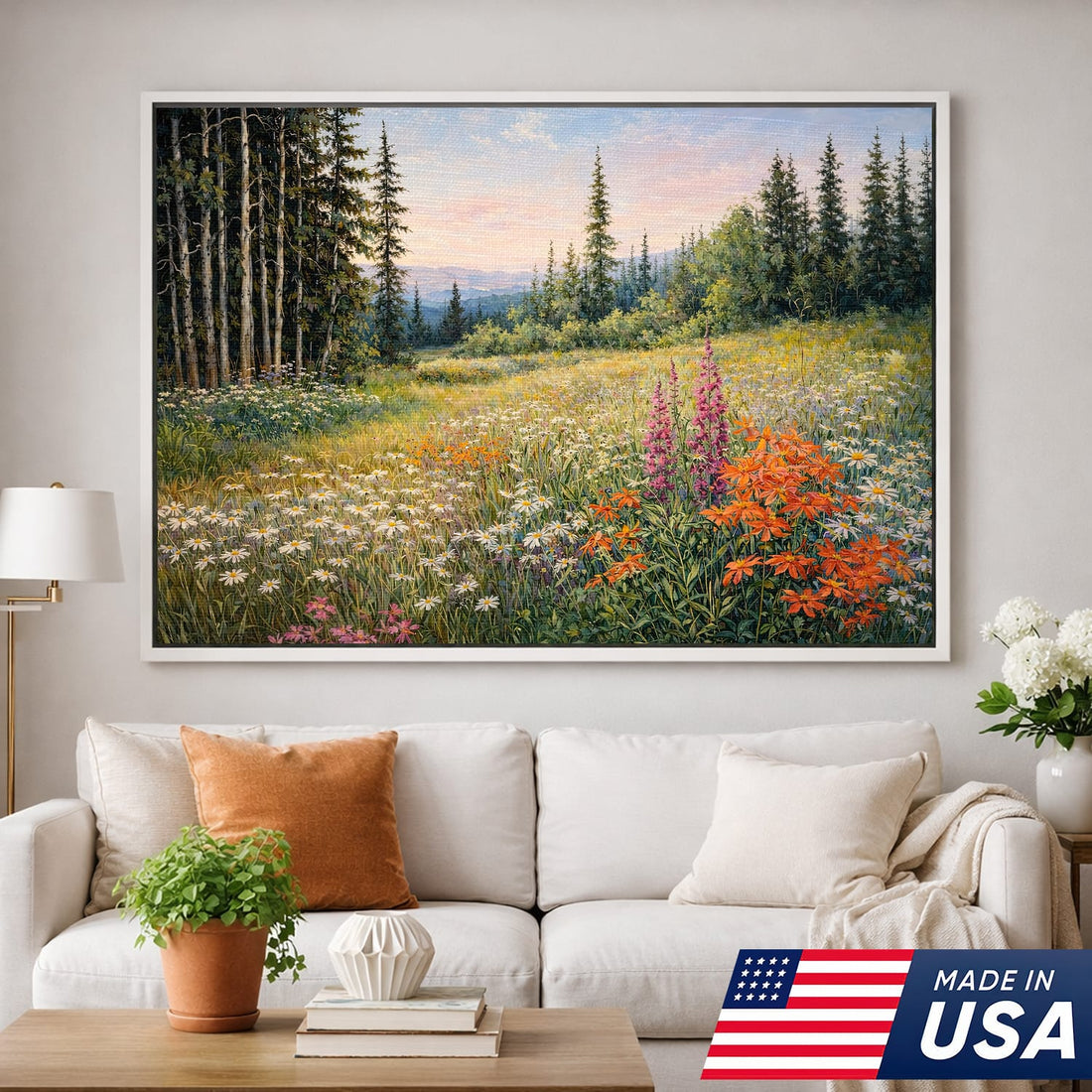 Forest Clearing Floral Landscape Framed Canvas – Quiet Wilderness Scene