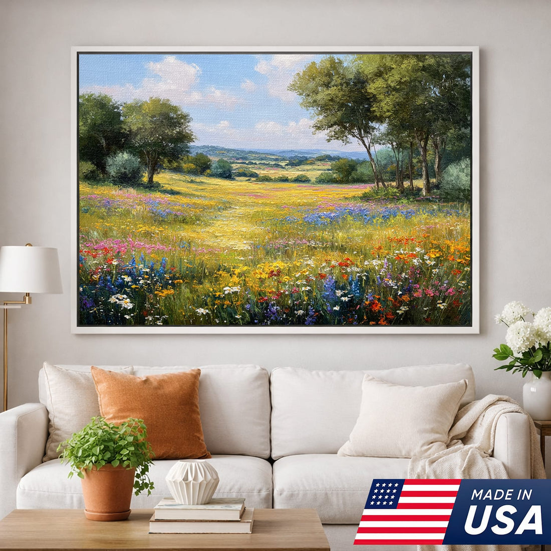 Sunlit Valley Floral Landscape Framed Canvas – Pastoral Bloom