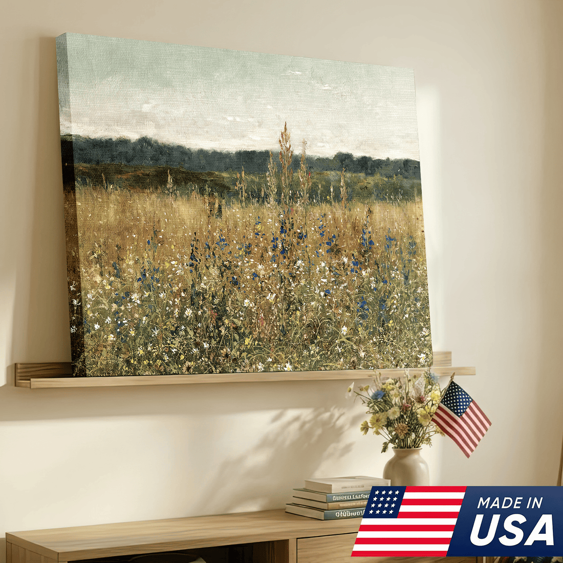 Quiet Meadow Landscape Framed Canvas – Rustic Botanical Field