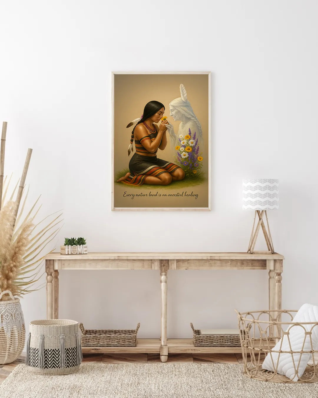 The full art print displayed against a neutral background, featuring a Native American woman kneeling with a single yellow flower and an ancestral spirit.