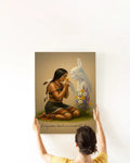 The full art print displayed against a neutral background, featuring a Native American woman kneeling with a single yellow flower and an ancestral spirit.