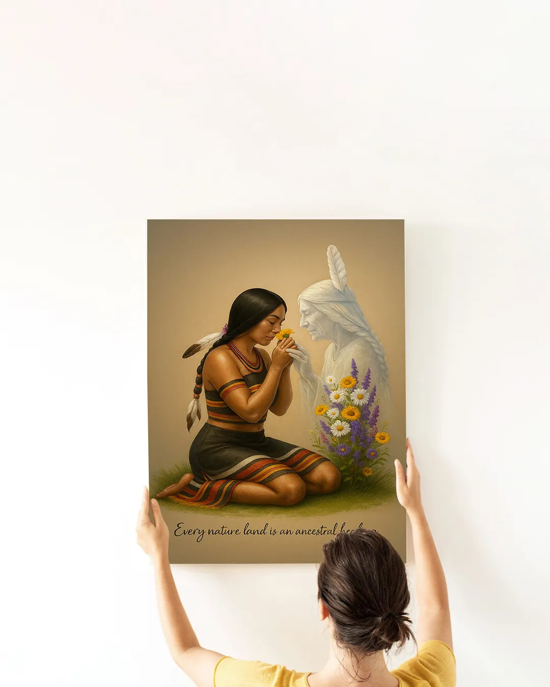 The full art print displayed against a neutral background, featuring a Native American woman kneeling with a single yellow flower and an ancestral spirit.