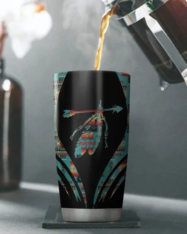 Black 20 oz tumblers with Southwestern arrow and feather design, with Aztec trim, on a white background