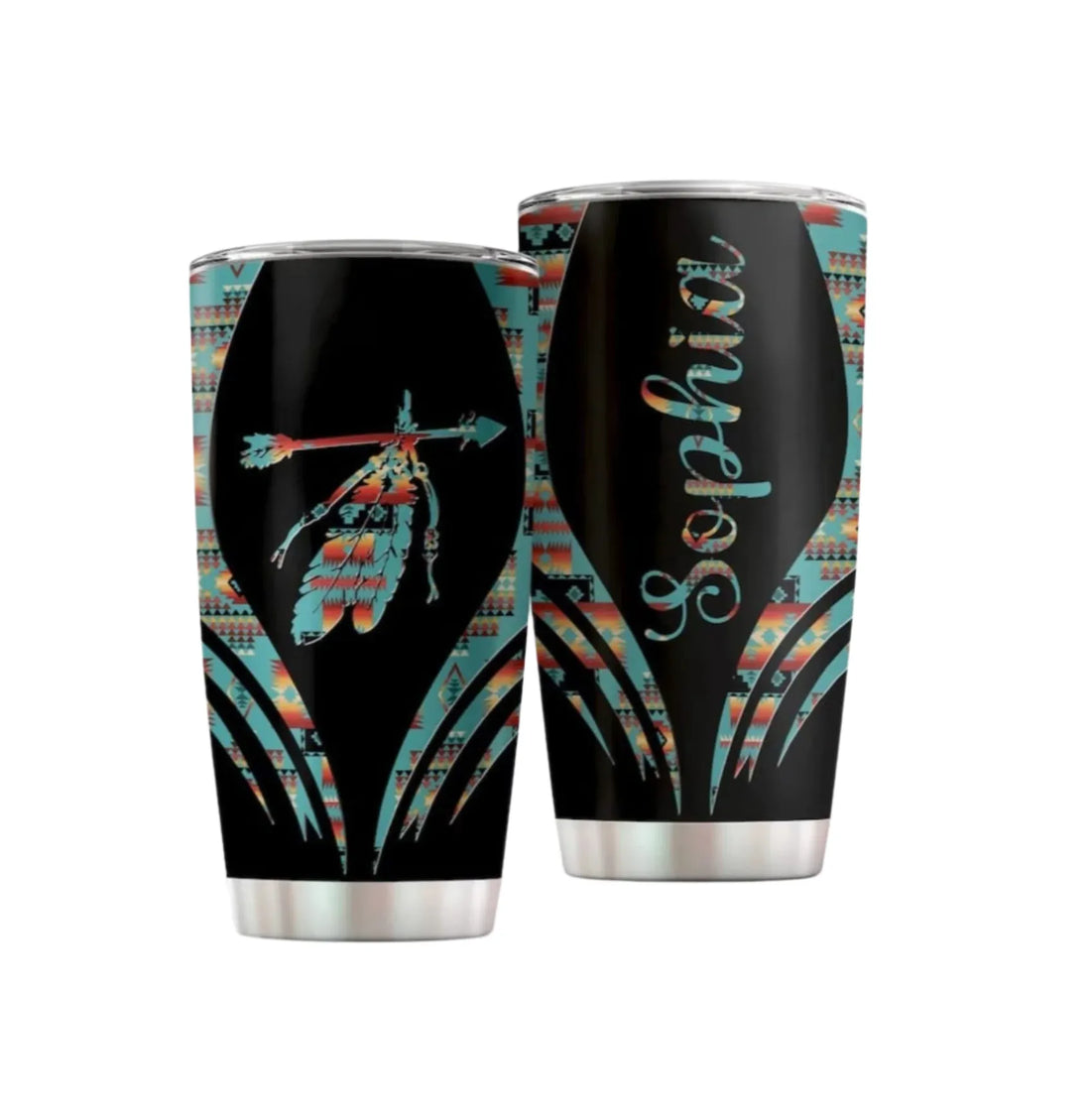 Black 20 oz tumblers with Southwestern arrow and feather design, with Aztec trim, on a white background