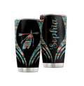 Black 20 oz tumblers with Southwestern arrow and feather design, with Aztec trim, on a white background