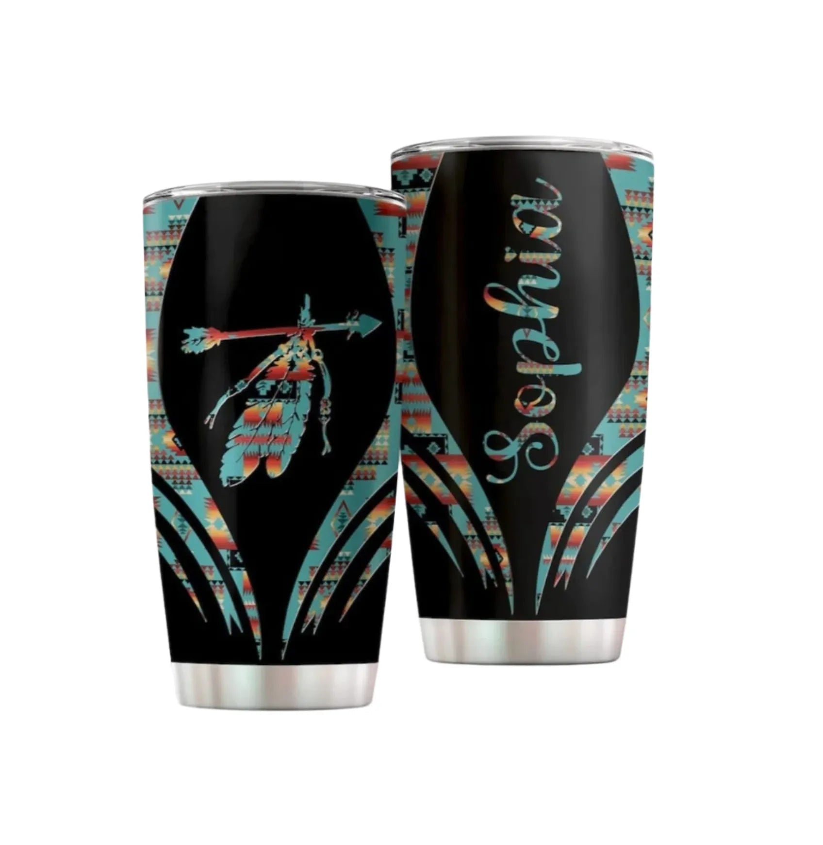 Black 20 oz tumblers with Southwestern arrow and feather design, with Aztec trim, on a white background