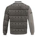 Back view of bomber jacket with full tribal pattern in black and gray tones