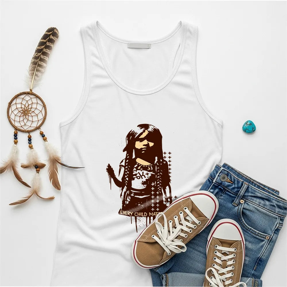 White tank top with meaningful Every Child Matters graphic inspired by Native American history.