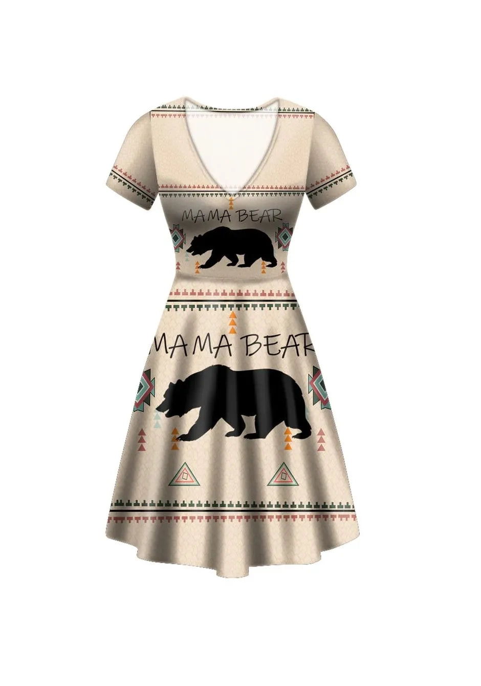 Front view of a beige A-line dress featuring a bear silhouette and tribal geometric print