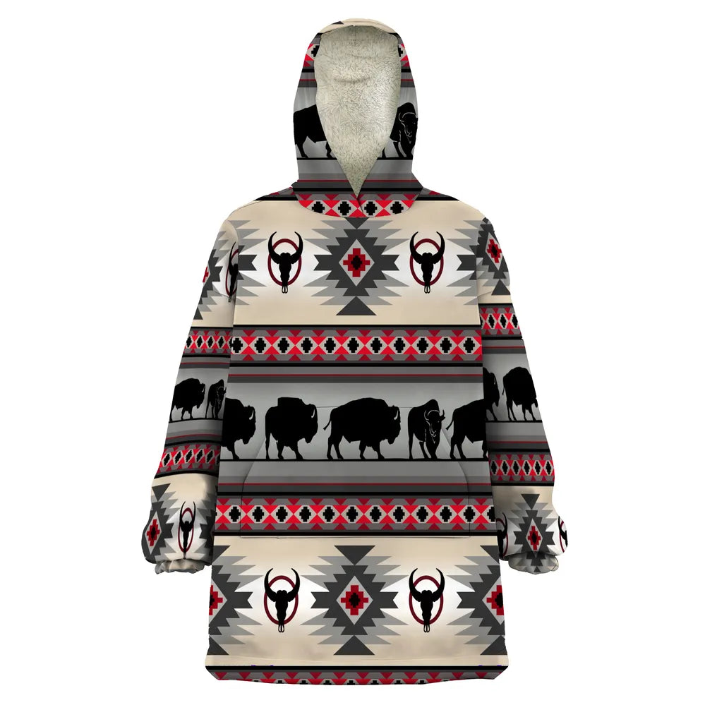 Front view of a cozy Snug Hoodie featuring a Native‐inspired “Bison Trail” print with silhouetted buffalos and tribal motifs in neutral tones.