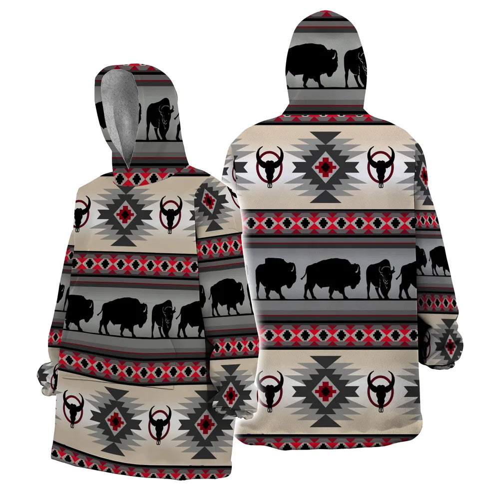 Front and back views of a snug hoodie featuring a tan, gray, and red Southwestern pattern with rows of bison silhouettes walking across the fabric, diamond-shaped tribal motifs, and buffalo skull icons