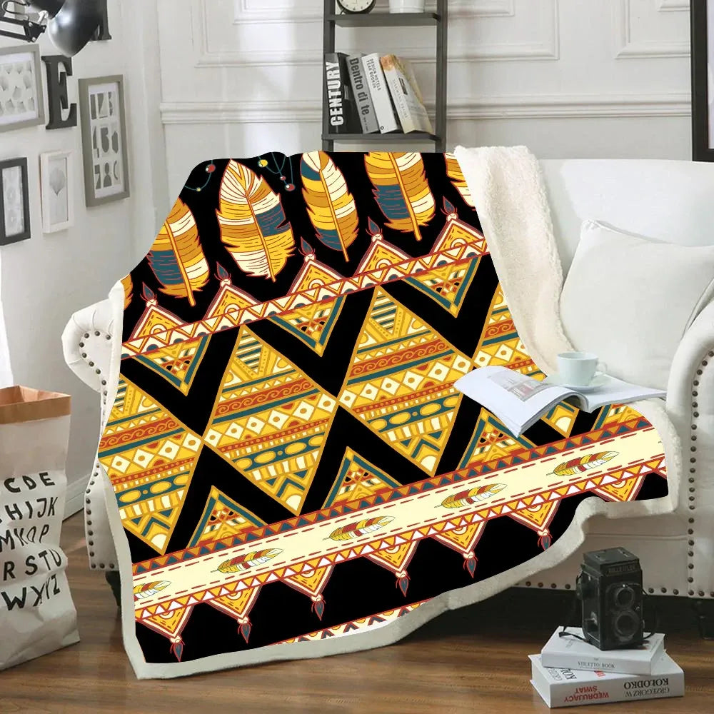 Front view of Native American inspired blanket with feather and geometric tribal patterns on black background