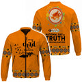 front and back view of an orange bomber jacket featuring a circular Indigenous artwork, floral accents, and “National Day for Truth and Reconciliation” text.