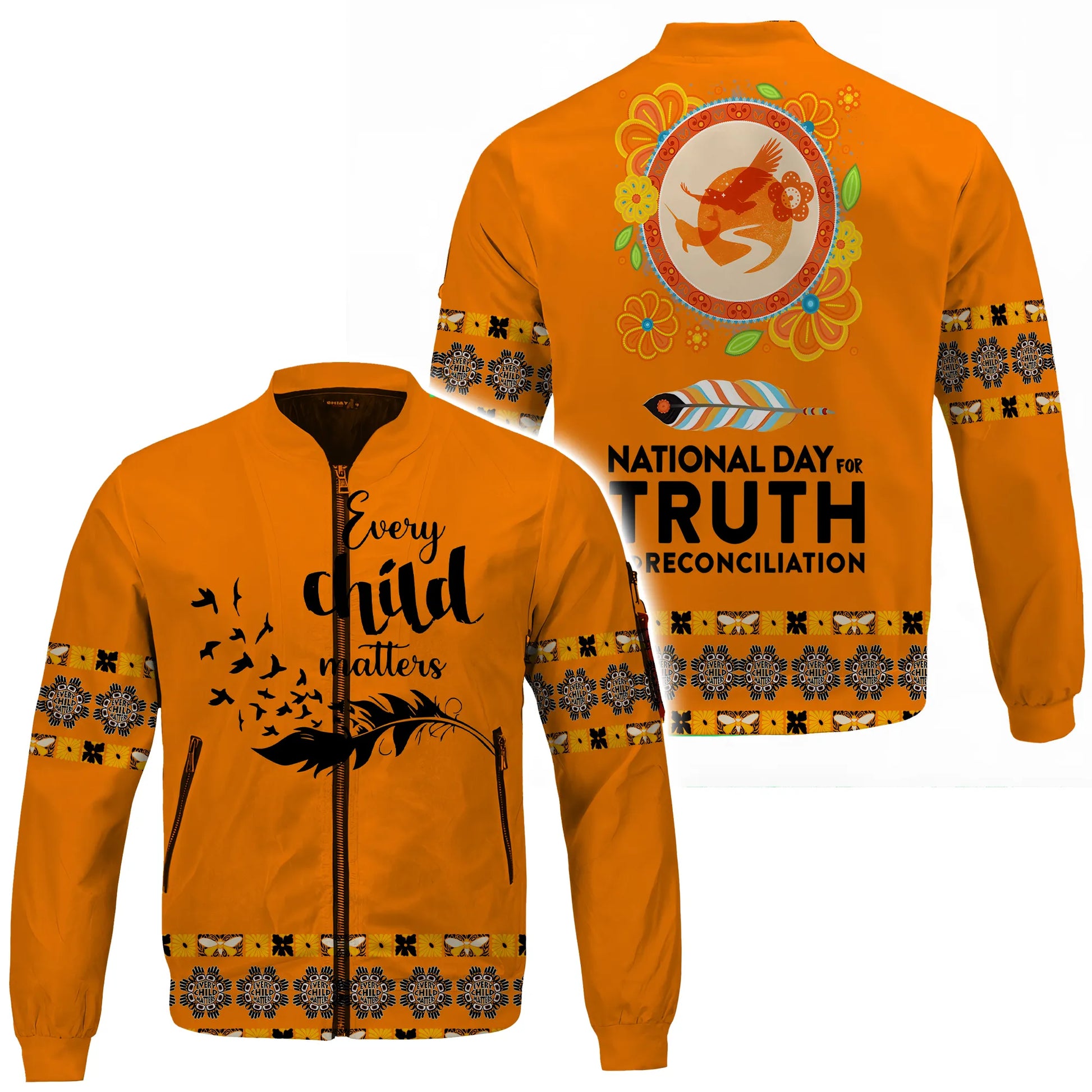 front and back view of an orange bomber jacket featuring a circular Indigenous artwork, floral accents, and “National Day for Truth and Reconciliation” text.