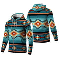 Front and back view of a hoodie with a Southwestern tribal pattern in turquoise, rust, black, and tan, featuring geometric diamond motifs and horizontal stripes across the body, sleeves, and hood.