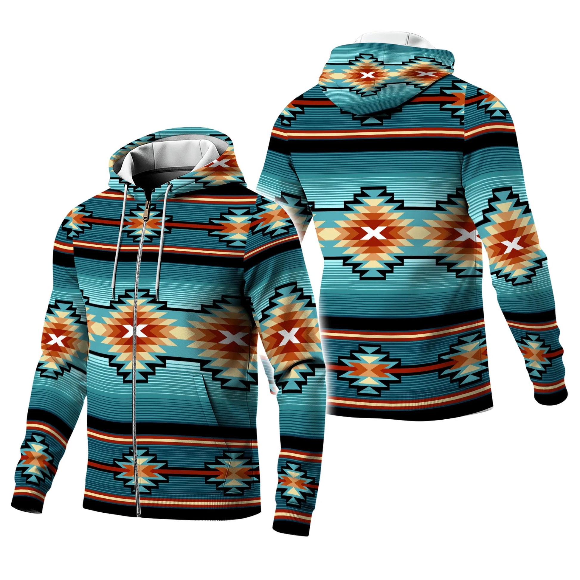 Front and back view of a hoodie with a Southwestern tribal pattern in turquoise, rust, black, and tan, featuring geometric diamond motifs and horizontal stripes across the body, sleeves, and hood.