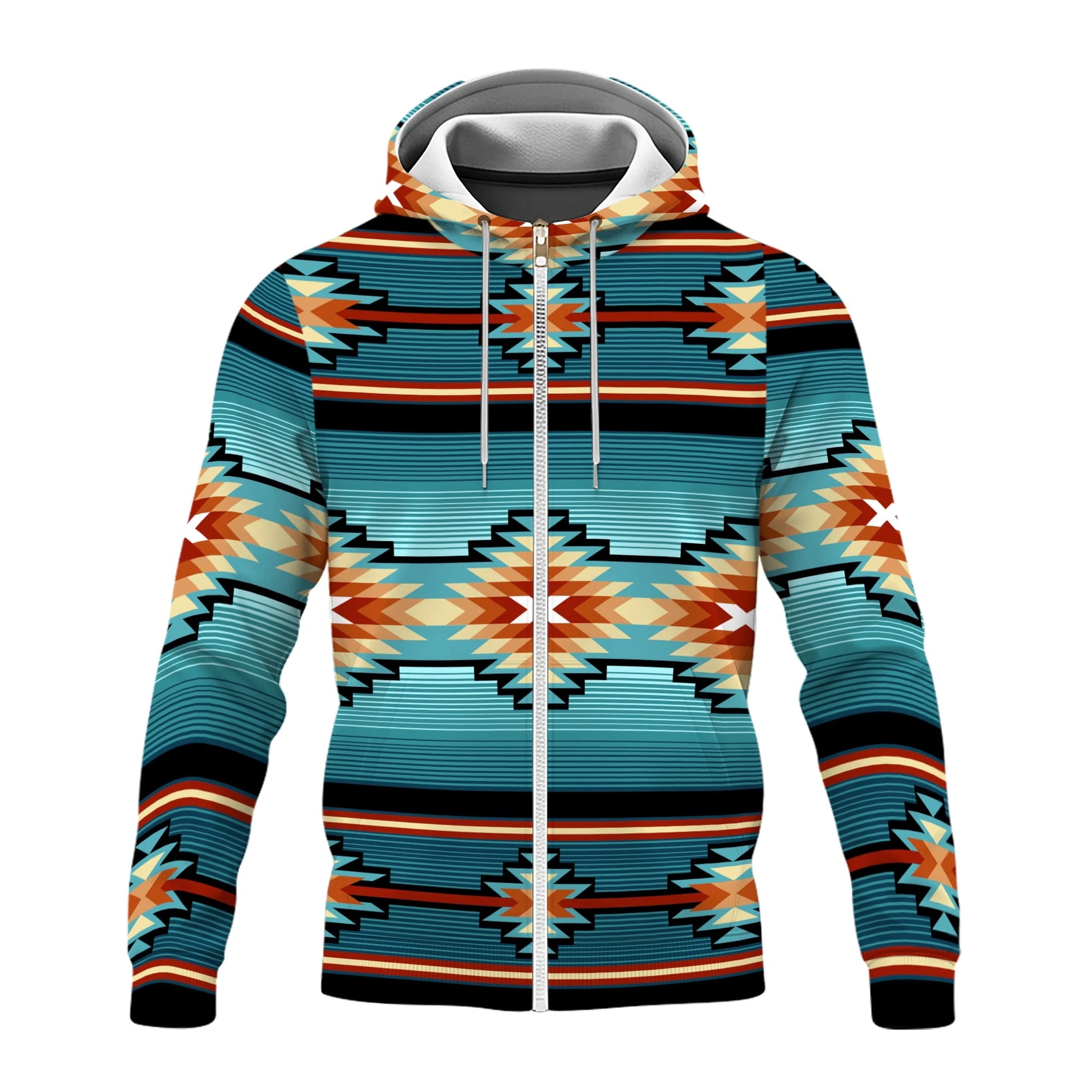 Front view of Canyon Ridge Tribal Fleece Jacket featuring the same striking Southwestern-inspired geometric motif in turquoise, rust