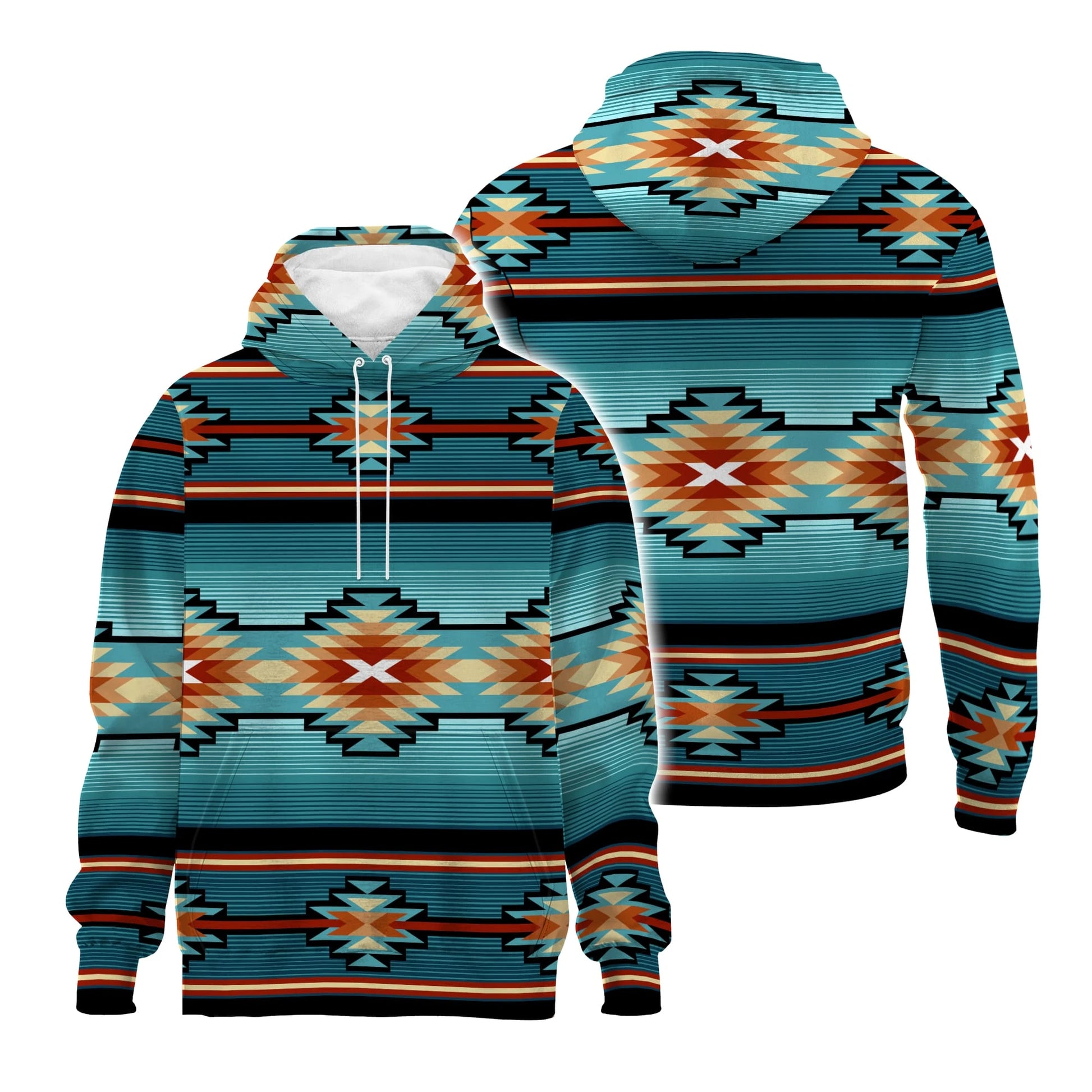 Front view of Canyon Ridge Tribal Fleece Jacket featuring the same striking Southwestern-inspired geometric motif in turquoise, rust
