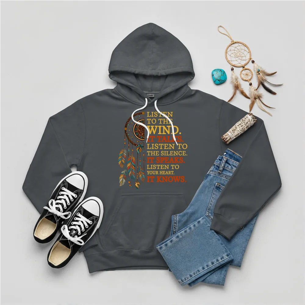 A charcoal slate hoodie featuring ‘Listen to the Wind’ dreamcatcher print inspired by Plains tribes.