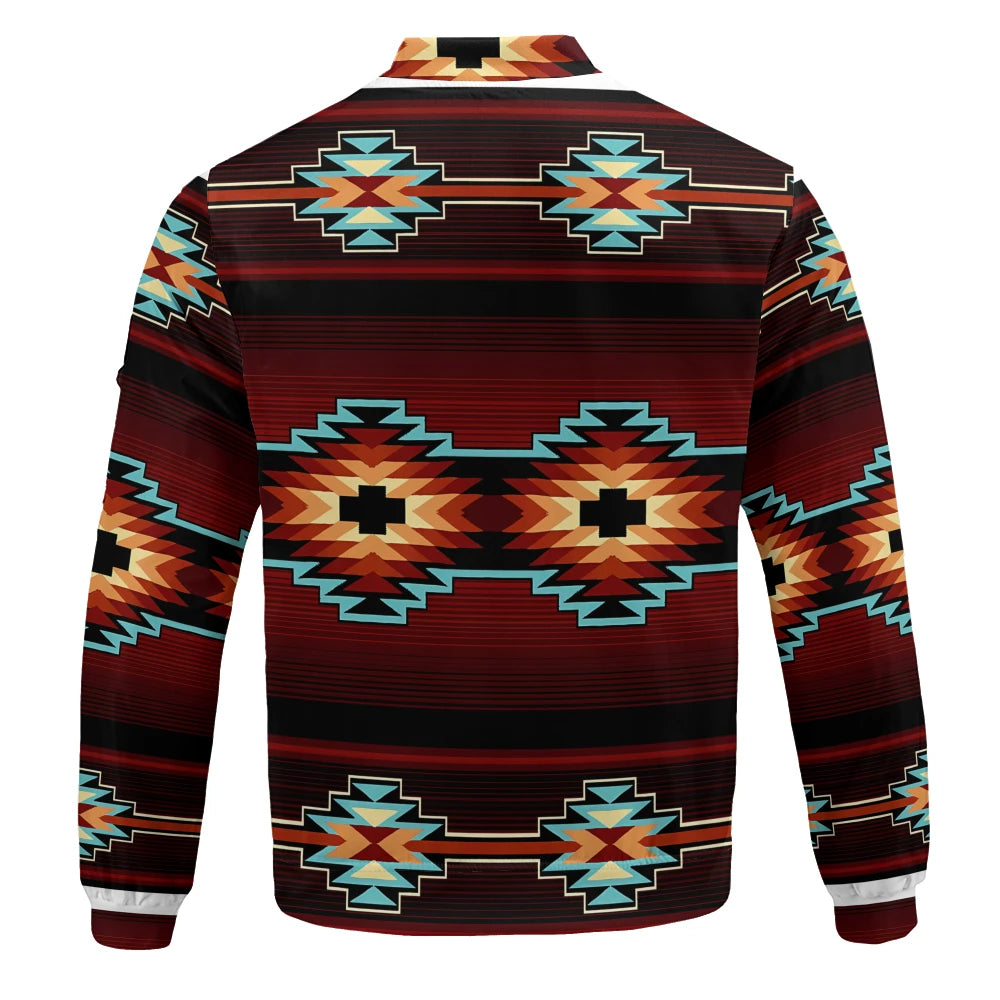 Back view of Crimson Canyon fleece bomber jacket showcasing full-coverage southwestern canyon pattern