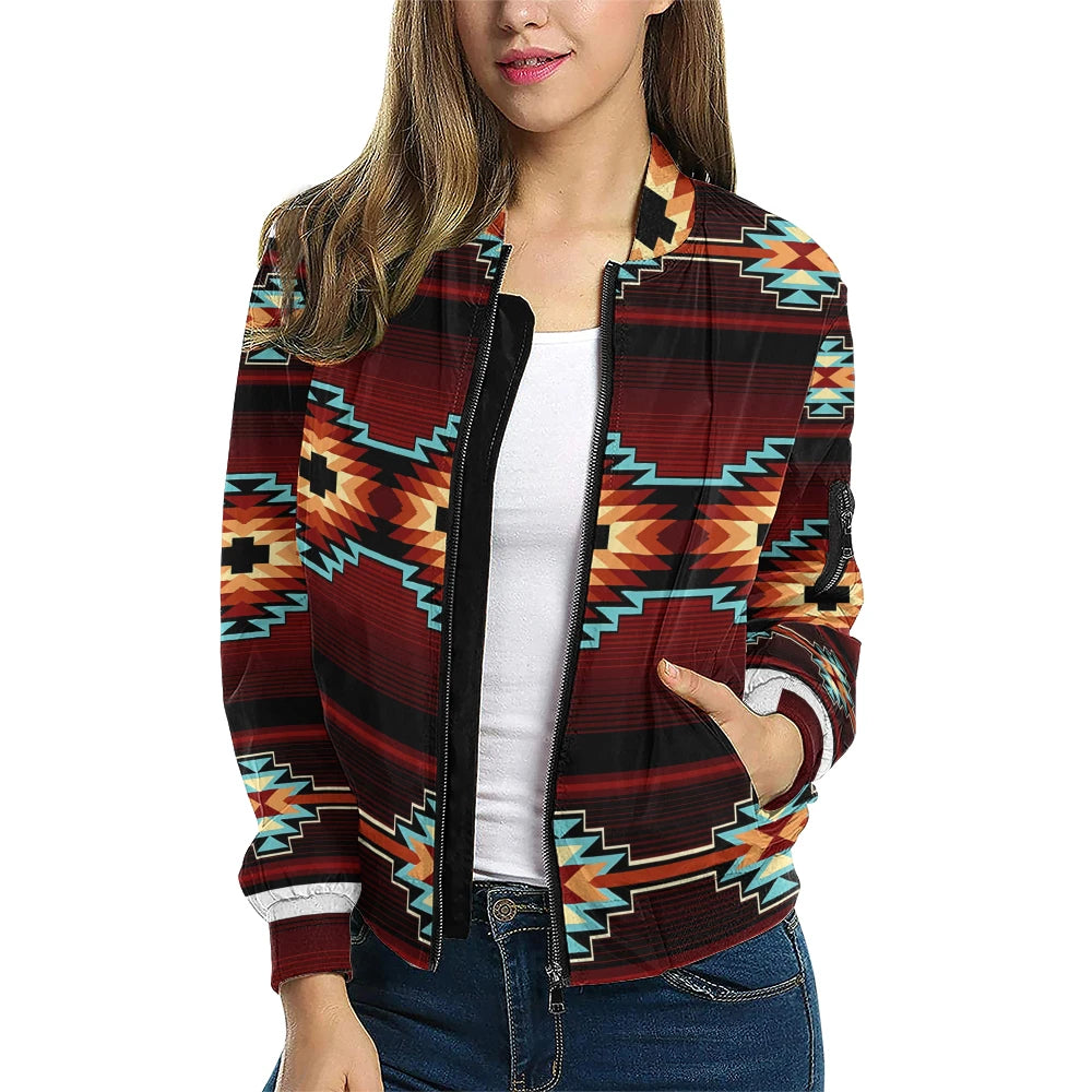 Front view of Crimson Canyon fleece bomber jacket featuring rich crimson tones and textured canyon motif
