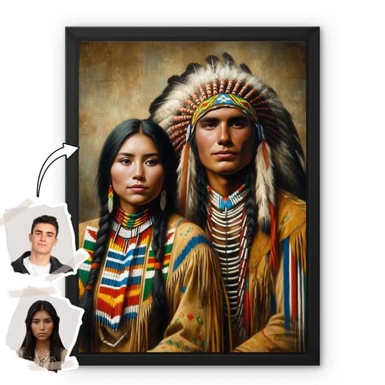 Mockup showing two small reference photos and the resulting custom Native American style couple portrait in a black frame.