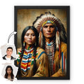 Close-up of gallery-wrapped canvas edge and rich texture of a Native American inspired couple portrait printed in vibrant colors.