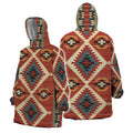 Cozy tribal-inspired Desert Glow Snuggie Hoodie shown in a three-quarter front and back view, featuring warm red, beige, and teal geometric patterns and a soft sherpa-lined hood.