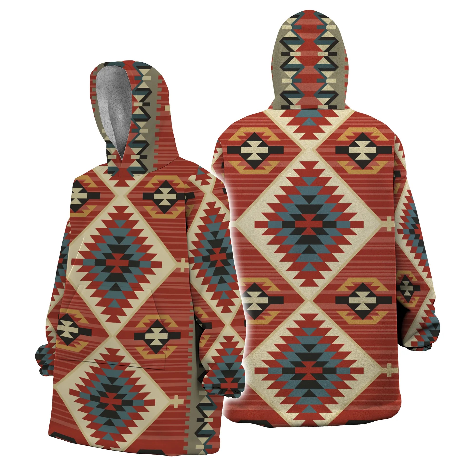 Cozy tribal-inspired Desert Glow Snuggie Hoodie shown in a three-quarter front and back view, featuring warm red, beige, and teal geometric patterns and a soft sherpa-lined hood.