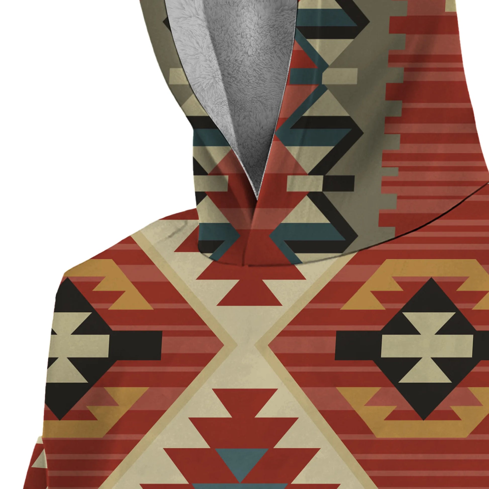 
Close-up view of the Desert Glow Snuggie Hoodie’s upper front, highlighting the intricate tribal motifs, sherpa-lined hood interior, and vibrant red and beige geometric design.
