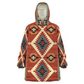 Full front view of the Desert Glow Snuggie Hoodie, showcasing bold tribal patterns in warm desert hues, a kangaroo pocket, and a plush sherpa-lined hood for ultimate comfort.