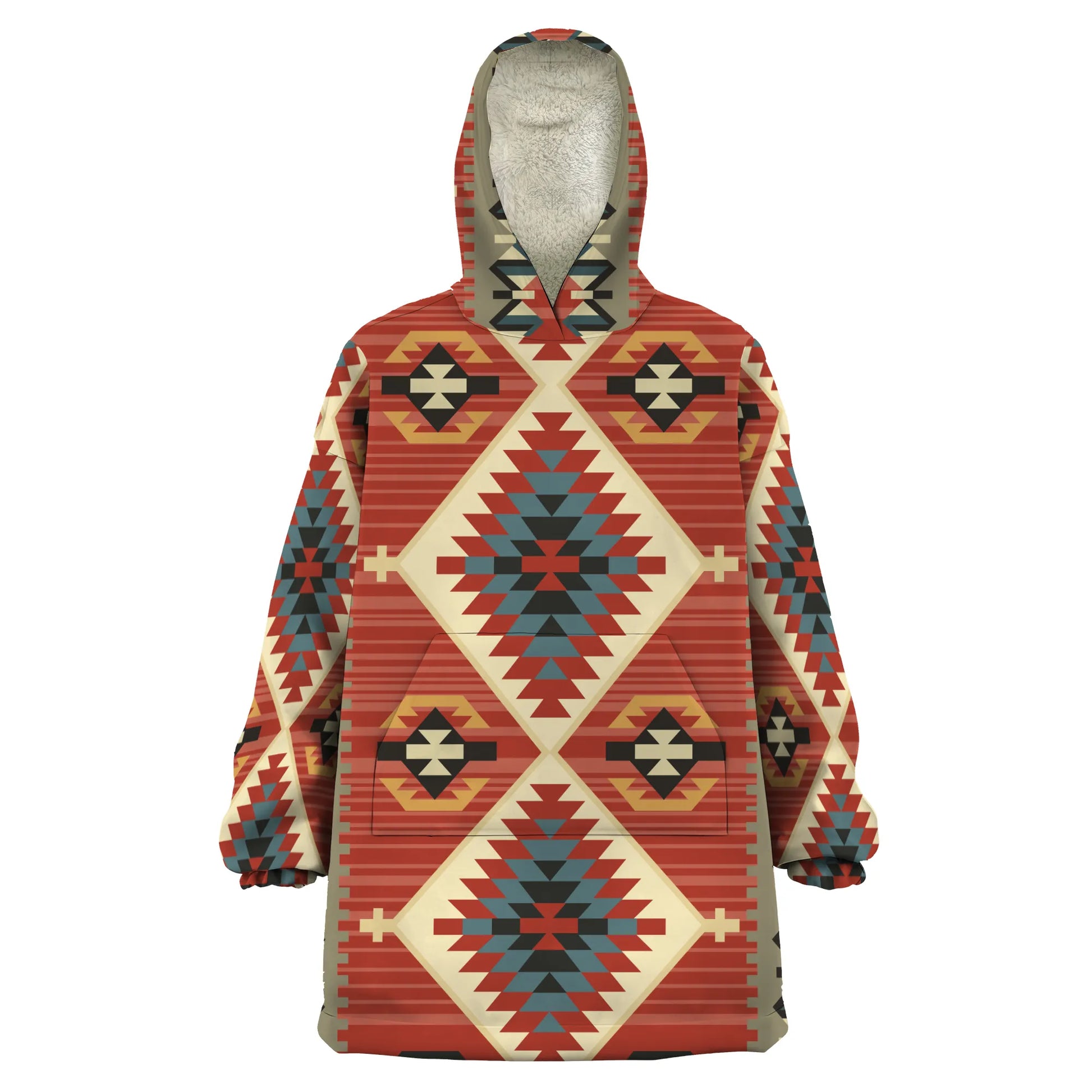 Full front view of the Desert Glow Snuggie Hoodie, showcasing bold tribal patterns in warm desert hues, a kangaroo pocket, and a plush sherpa-lined hood for ultimate comfort.