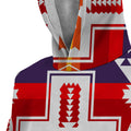 Close-up of quarter-zip collar and upper chest geometric pattern in red, gold, and purple on white fleece-lined hoodie