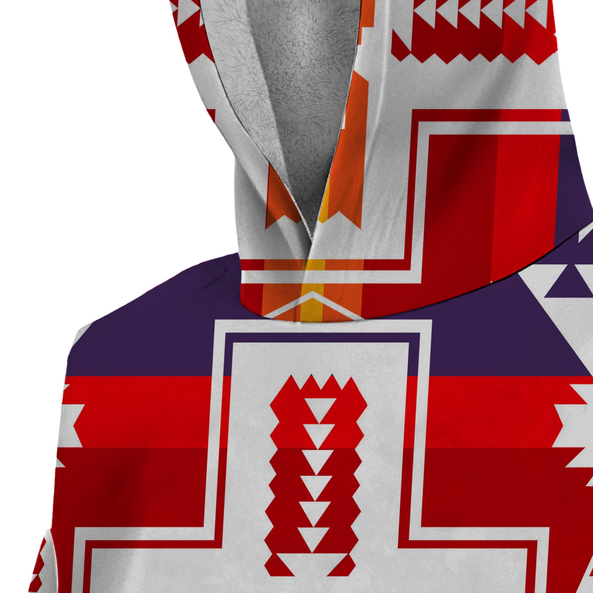 Close-up of quarter-zip collar and upper chest geometric pattern in red, gold, and purple on white fleece-lined hoodie