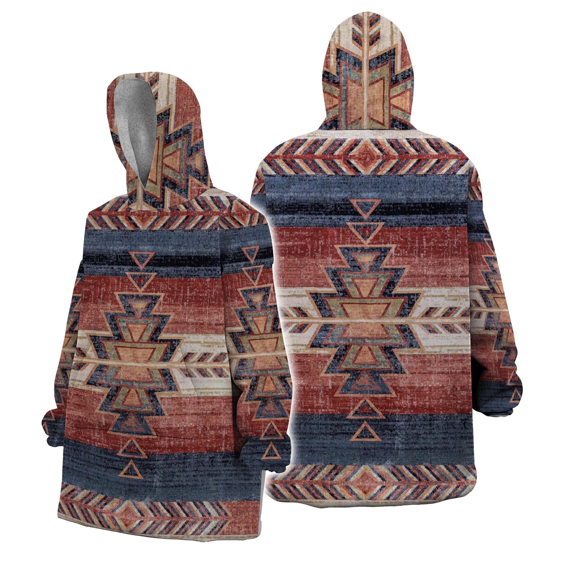 Front and back views of a hooded blanket featuring inspired pattern with earthy red, sand, and navy blue geometric motifs resembling a Southwestern sunset skyline.