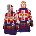 Front and back views of a snug hoodie featuring a desert horizon–inspired pattern with bold purple background, a large white and red cross motif at center, and geometric rows of orange and red triangles along the hem and sleeves.