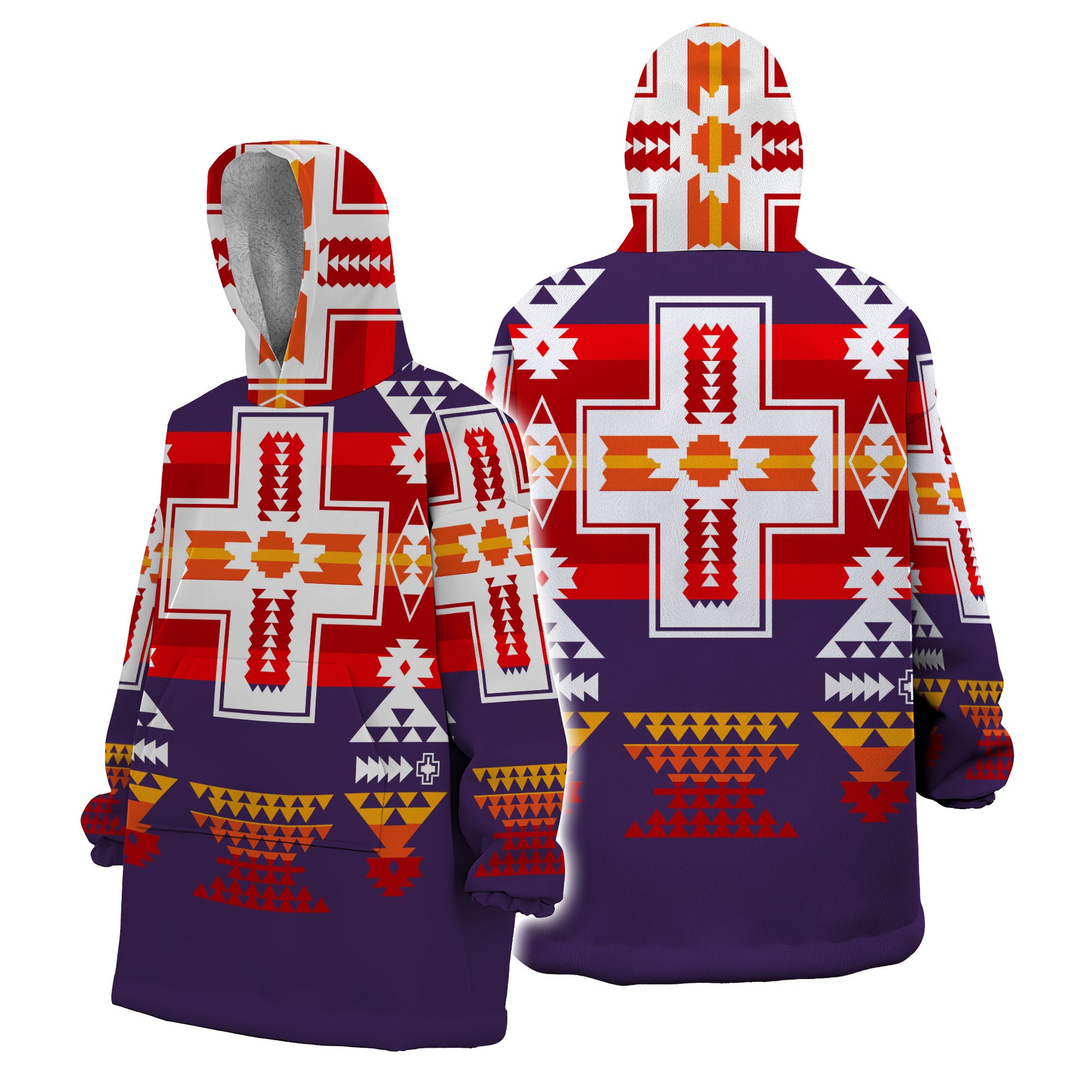 Front and back views of a snug hoodie featuring a desert horizon–inspired pattern with bold purple background, a large white and red cross motif at center, and geometric rows of orange and red triangles along the hem and sleeves.
