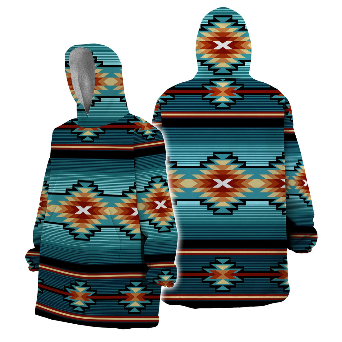 A man standing front-facing in a teal and coral striped tribal blanket hoodie with his hands in the kangaroo pocket, showcasing the unisex fit.