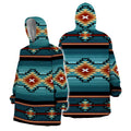 Three-quarter front and back view of the Desert Horizon Snuggie-Style Hoodie, featuring a turquoise, orange, and black tribal motif, a plush sherpa-lined hood, and cozy oversized fit.