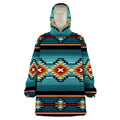 Full front view of the Desert Horizon Snuggie-Style Hoodie, showcasing its bold tribal print in turquoise and orange, kangaroo pocket, and soft oversized silhouette.